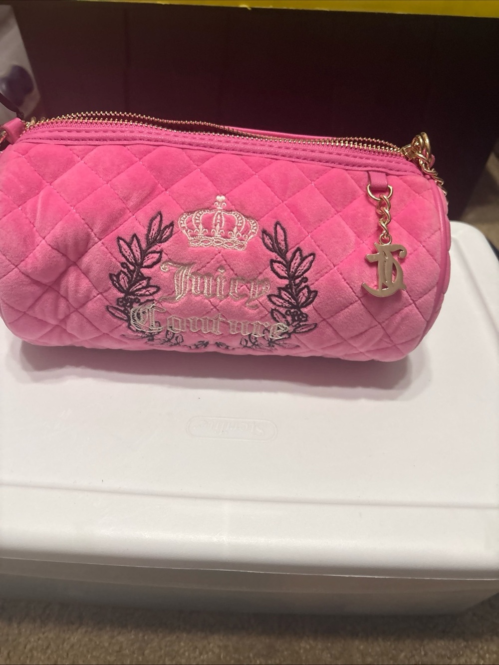 Juicy Couture Hot Pink Quilted Velvet Cosmetic Case with Gold Charm